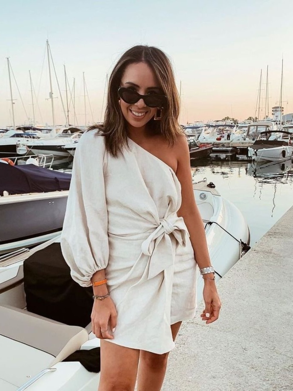 One-Shoulder Tie-Front Mini Dress in Light Linen
